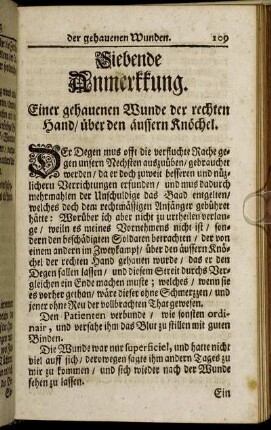 Siebende Anmerkkung. Einer gehauenen Wunde der rechten Hand / über den äussern Knöchel.
