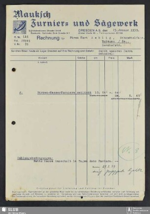 Mauksch, Furnier- und Sägewerk, Dresden A. : Rechnung