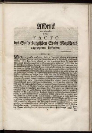 Abdruck derer mehreresten in dem Facto des Sonderburgischen Stadt-Magistrats angezogenen Urkunden. No. 1. - No. 17.