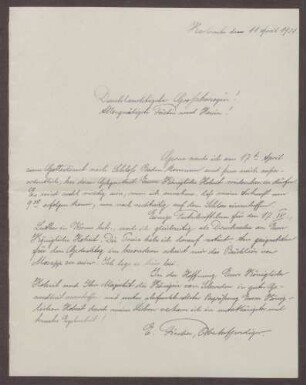 Schreiben von Ernst Fischer an die Großherzogin Luise; Bestätigung eines Gottesdienstes im Schloß Baden-Baden