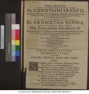 Nuptias auspicatissimas Serenissimi ... Dn. Christiani Ernesti, Marchionis Brandeb. Ducis Magdeburgi ... Cum Serenissima ... Dn. Erdmutha Sophia ... Dn. Johannis Georgii II. Ducis Saxon. ... Filia unica ... In Electorali Dresda d. 19. & seqq. Octobris 1662. felicissime & splendidissime celebratas, Piissimo hoc ac humillimo voto prosequitur M. Joh. Bohemus, Poet. Caesar. Rector ...