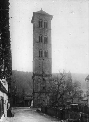 Hirsau, ehem. Benediktinerkloster St. Peter und Paul, Klosterkirche, Nordwest-Turm, von Westen