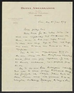 Brief von Joseph Chapiro an Margarete Hauptmann