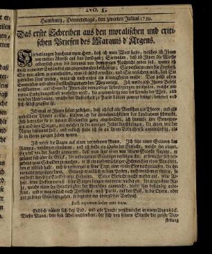 No. 1. Hamburg, Donnerstags, den zweeten Julius 1739.