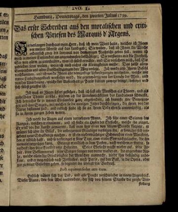 No. 1. Hamburg, Donnerstags, den zweeten Julius 1739.