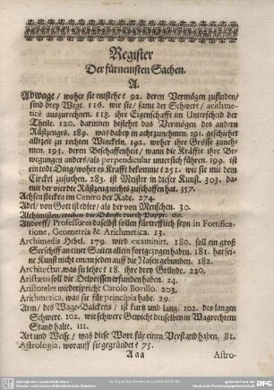 Register Der fürnemsten Sachen. A. - Z.