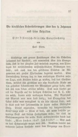 57-82 Die kirchlichen Ueberlieferungen über den h. Johannes und seine Schriften. Eine historisch-kritische Untersuchung