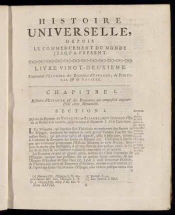 Livre Vingt-Deuxieme. Contenant l´Histoire des Royaumes d´Espagne, de Portugal & de Navarre. Chapitre I. Histoire d´Espagne & des Royaumes qui composent aujourd´hui cette Monarchie.