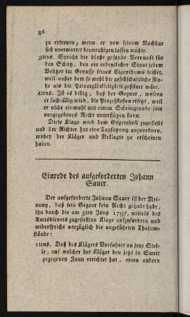 86-96, Einrede des aufgeforderten Johann Sauer. - Einrede.