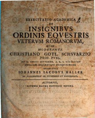 Exercitatio Academica De Insignibus Ordinis Equestris Veterum Romanorum