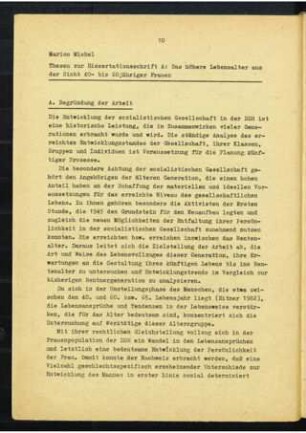 Das höhere Lebensalter aus der Sicht 40- bis 60jährigen Frauen : Thesen zur Dissertationsschrift A