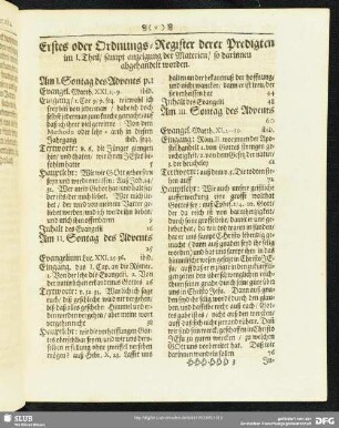 Erstes oder Ordnungs-Register derer Predigten im I. Theil, samt anzeigung der Materien, so darinnen abgehandelt worden