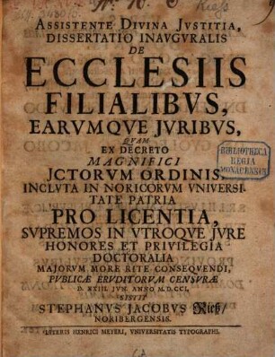 Diss. inaug. de ecclesiis filialibus, earumque iuribus