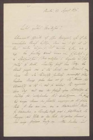 Schreiben von Moritz Ellstätter, Berlin, an seine Frau Marie: - Theater (zusammen mit [August] Eisenlohr) - Eintreffen [Julius] Jollys - Soiree bei [Otto von] Bismarck - Besuch bei Hansemanns - Diner mit [Julius] Jolly und [Gustav] Scheidtmann - Bankett im Rathaus - Sitzungspläne - Privates - Mitteilung an Homburger