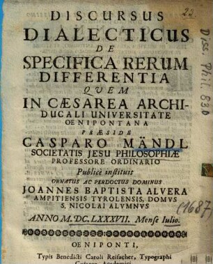 Discursus Dialecticus De Specifica Rerum Differentia