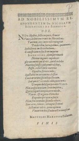 Ad Nobilissimum Respondentem Dn. Nicolaum Siennicki De Siennica