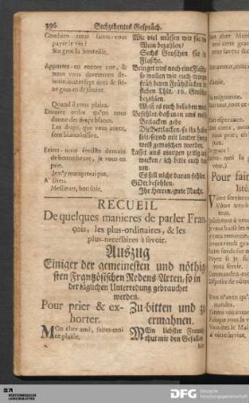 Recueil De quelques manieres de parler François ... Auszug Einiger der gemeinesten und nöthigsten Frantzösischen Redens-Arten...