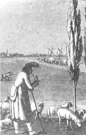 Lützen. Sog. Schwedenstein, im Hintergrund Windmühlen, Repro, Ausschnitt