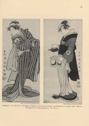 Gelbgrund. Iwai Hanshiro (Eisengrau, Orangerot, Fleischrot) als Dame und Matsumoto Yonesabro (Rot, Schwarz, Orangegelb) als Teehausmädchen. 19 q, r