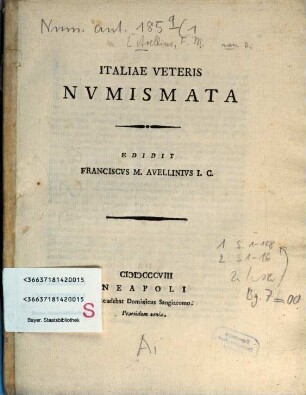 Italiae veteris numismata. 1. 1808