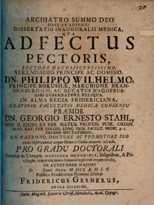 Dissertatio Inauguralis Medica, Qva Adfectus Pectoris