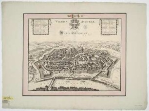 Vogelschauplan von Wien, Radierung, um 1682 : Vienna Austriae = Wien in Oostenreyk. - [Amsterdam] , [um 1682]. - 1 Vogelschauplan : Radierung ; 50 x 39 cm Titel oben Mitte. - Mit Gebäudeverzeichnis. - Mit 1 Wappen