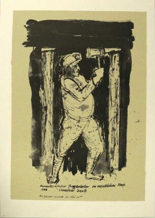 Zeichnung, "Amerikanischer Bergarbeiter in veraltetem Streb, Clearfield County / American miner in old pit"
