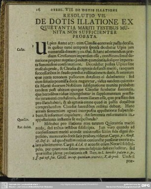 Resolutio VII. De Dotis Illatione Ex Quietantia Mariti Testibus Munita Non Sufficientur Probata