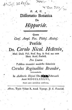 Dissertatio Botanica De Hippuride