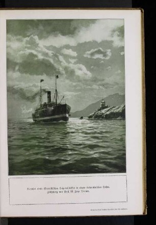 Einfahrt eines österreichischen Hospitalschiffes in einem dalmatinischen Hafen. Zeichnung von prof. M. Zeno Diemer.