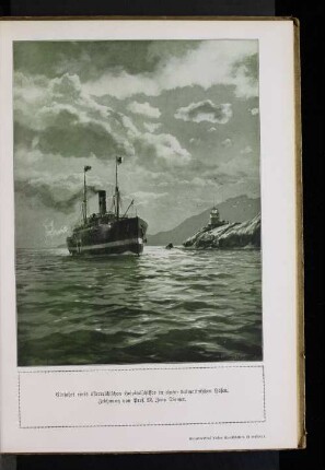 Einfahrt eines österreichischen Hospitalschiffes in einem dalmatinischen Hafen. Zeichnung von prof. M. Zeno Diemer.