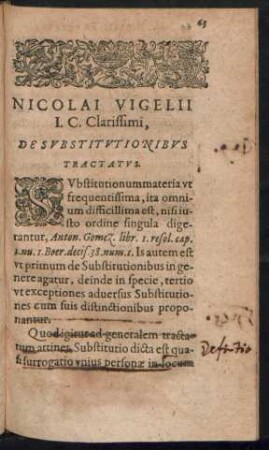 Nicolai Vigelii I. C. Clarissimi, De Substitutionibus Tractatus.