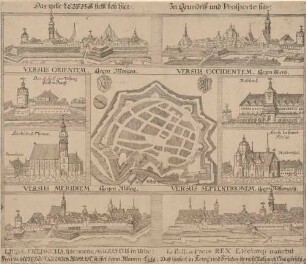 Bilderbogen von Leipzig mit schematischem Stadtplan, Stadtansichten aus den vier Himmelsrichtungen und vier Ansichten der Hauptgebäude, mit lateinischen und deutschen Bildtiteln und Segenssprüchen