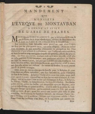 Mandement Que Monsieur L`Eveque De Montavban A Donné Au Suiet De L`Abbé De Prades.