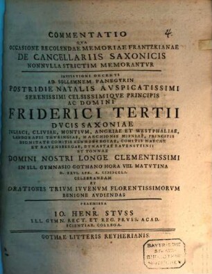 Commentatio qua, occasione recolendae memoriae Frantzkianae, de cancellariis Saxonicis nonnulla strictim memorantur