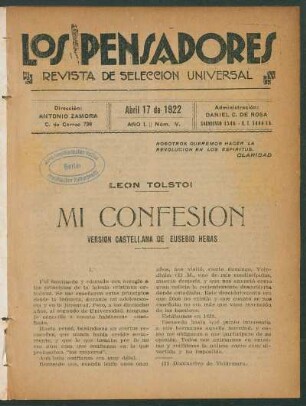 1922000500: Mi confesión : (autobiografía espiritual)