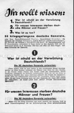 Sowjetisches Abwurf-Flugblatt zur Frage der Verantwortung für den Krieg