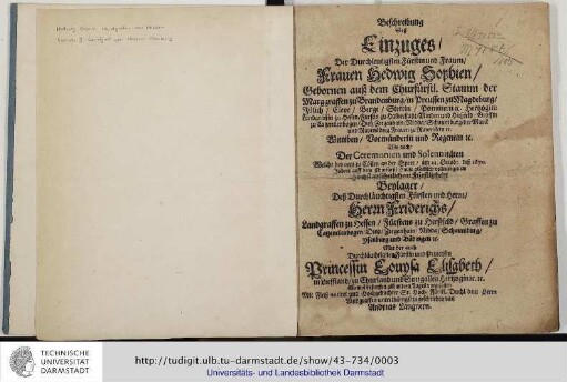 Titelseite: Beschreibung des Einzugs der Durchlauchtigsten Fürstin und Frauen ...