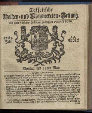 19. Stueck, Montag den 13ten May 1765