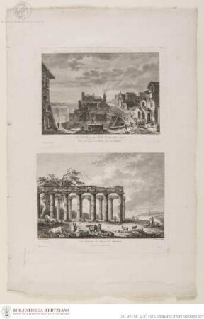 Blatt mit zwei Drucken; oben: Blick auf Bernaldo; unten: Der Tempel von Metaponte