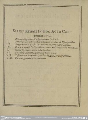 Series Rerum In Hoc Actu Contentarum