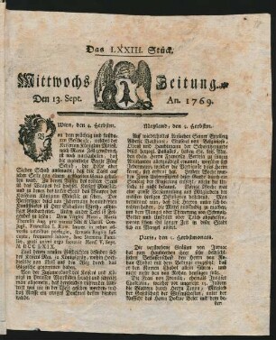Baseler Mittwochs-Zeitung Nr. 73 (13. Sept. 1769)