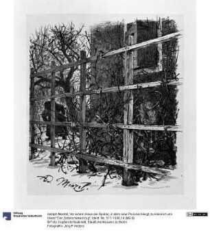 Vor einem Haus ein Spalier, in dem eine Perücke hängt, zu Heinrich von Kleist "Der Zerbrochene Krug"