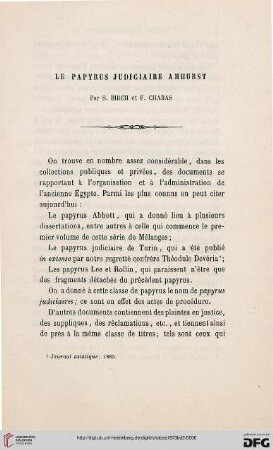 Le Papyrus judiciaire Amhurst, par MM. S. Birch et F. Chabas