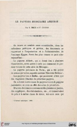 Le Papyrus judiciaire Amhurst, par MM. S. Birch et F. Chabas