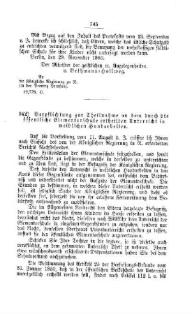 Verpflichtung zur Theilnahme an dem durch die öffentliche Elementarschule ertheilten Unterricht in weiblichen Handarbeiten : [IV. Elementarschulwesen]