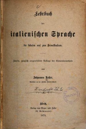 Lehrbuch der italienischen Sprache : für Schulen und zum Privatstudium