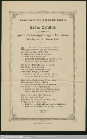 Erstes Tafellied zur Feier des Fünfundzwangzigjährigen Bestehens : Sonntag den 17. Januar 1886
