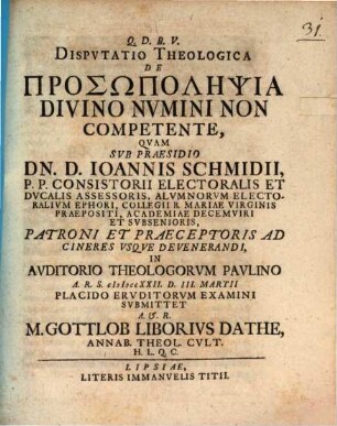 Disp. theol. de prosōpolēpsia, divino numini non competente
