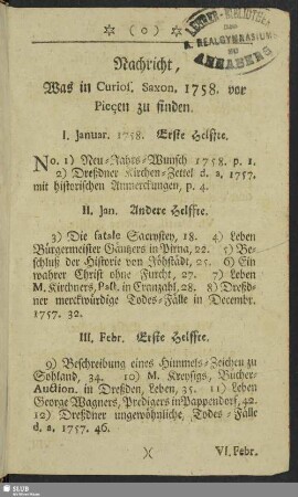 Nachricht, Was in Curios. Saxon. 1758. vor Pieçen zu finden